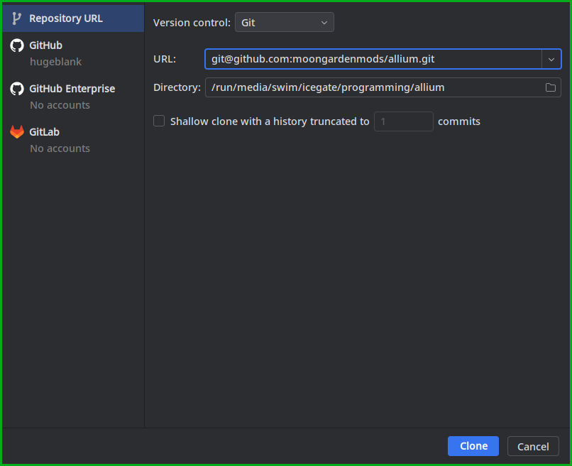 A screenshot of IntelliJ IDEA's Clone Repository menu