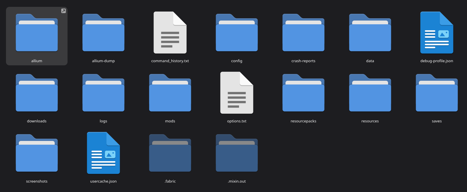 A Screenshot of the folder view of a Minecraft Instance with Allium